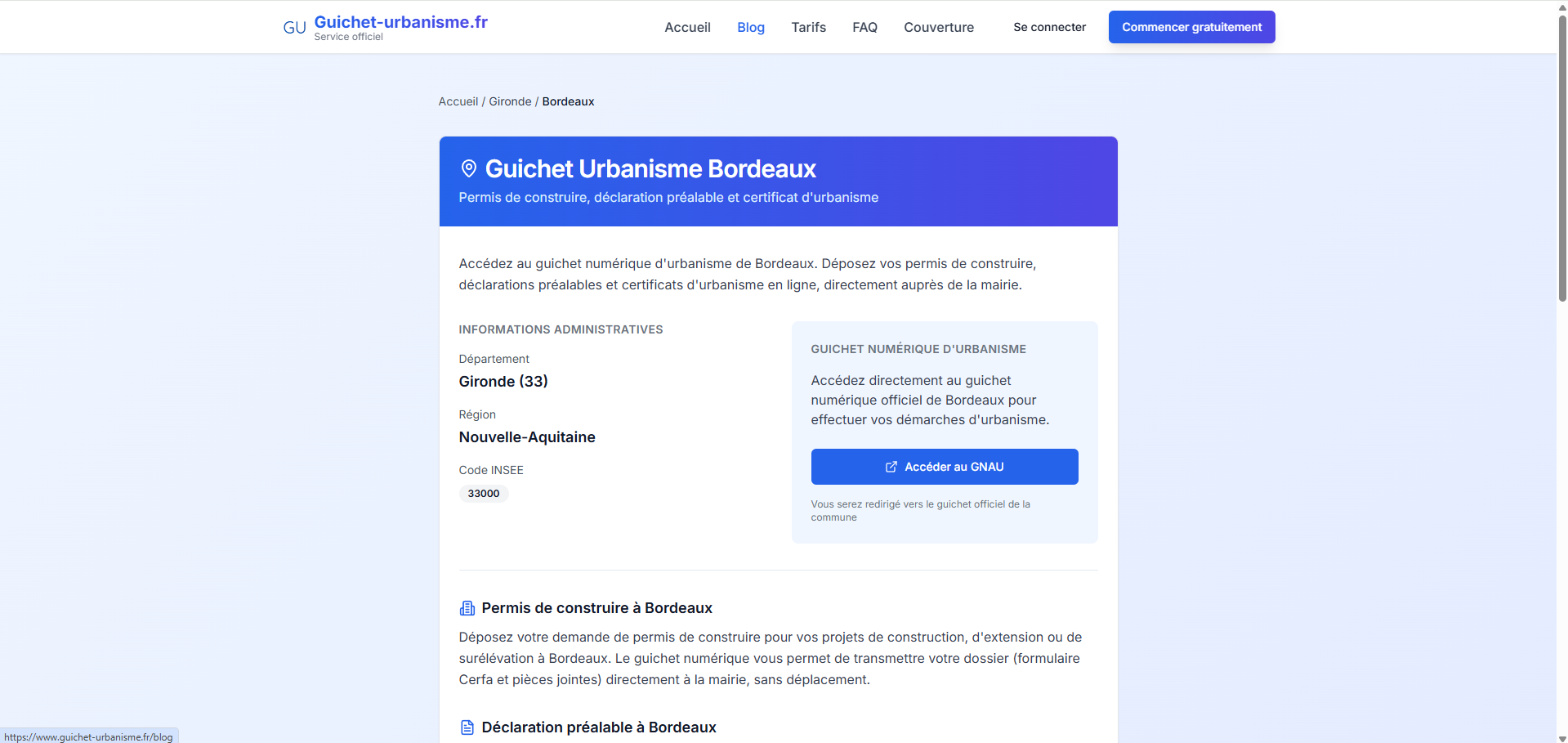 Aperçu de l'interface Guichet-Urbanisme : page d'une commune avec accès au guichet numérique d'urbanisme (GNAU)